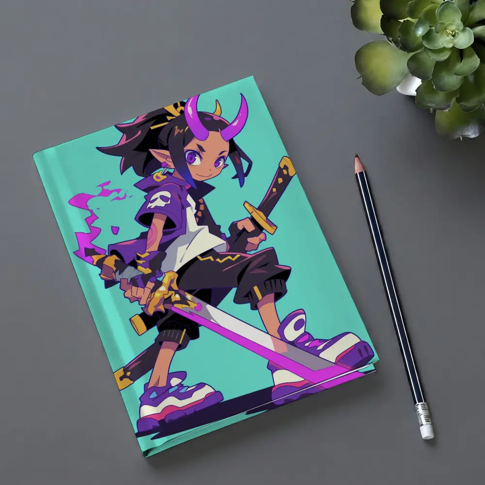Anime Demon Girl Sword Fighter Teal Background – Notebooks