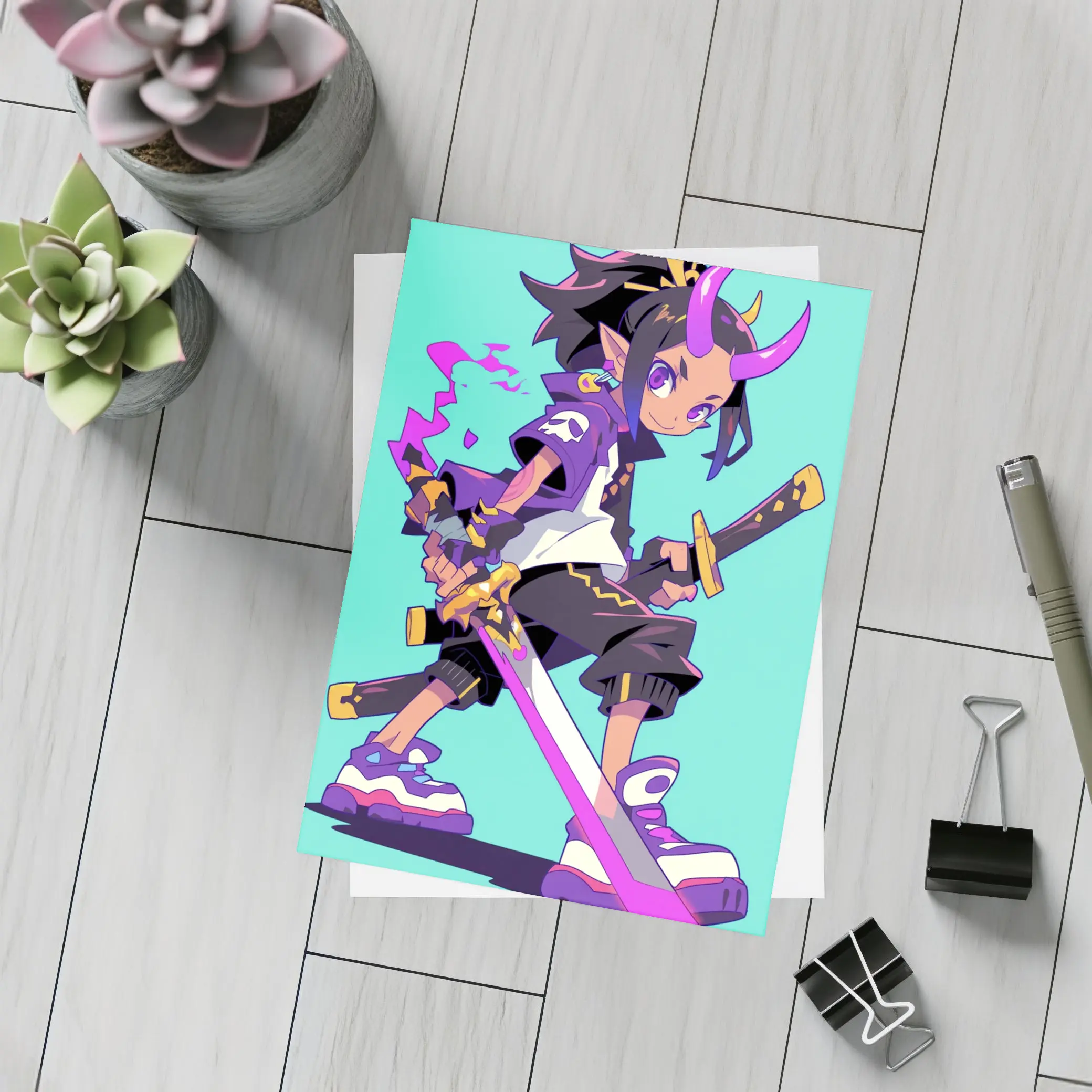 Anime Demon Girl Sword Fighter Teal Background – Postcards