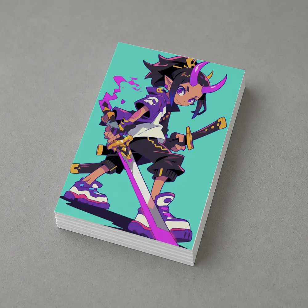 Anime Demon Girl Sword Fighter Teal Background – Postcards
