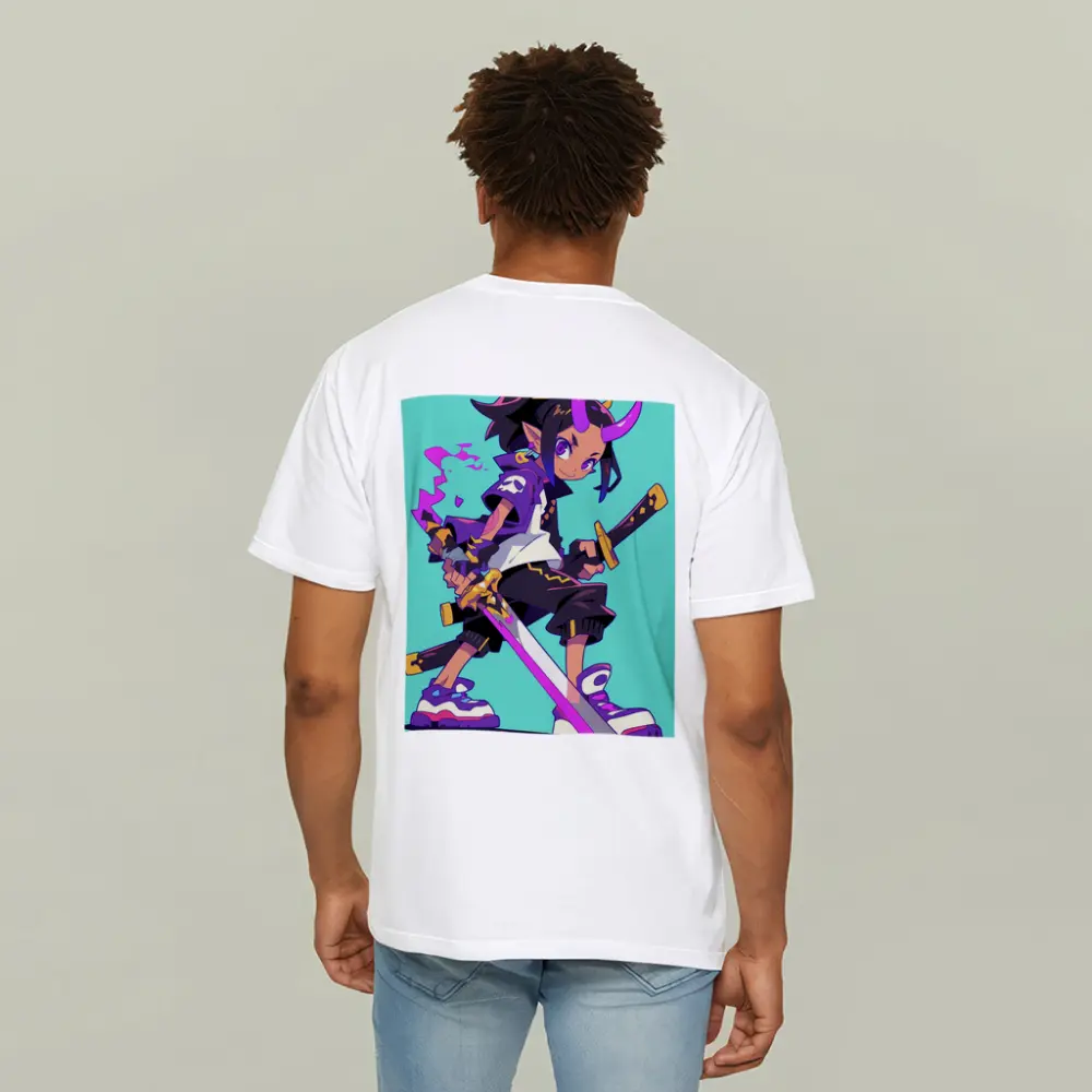 Anime Demon Girl Sword Fighter Teal Background – T-Shirts