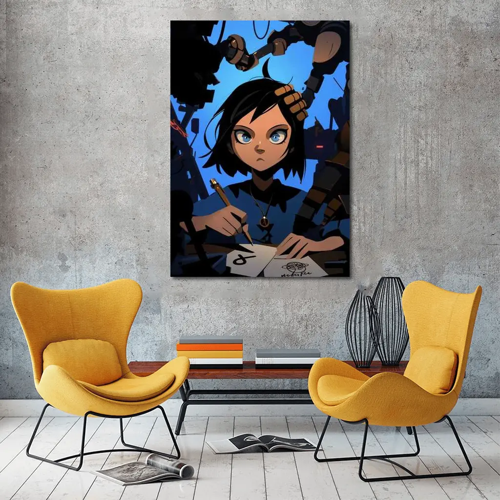 Anime Girl Writing Surrounded By Dark Robots – Wall Art