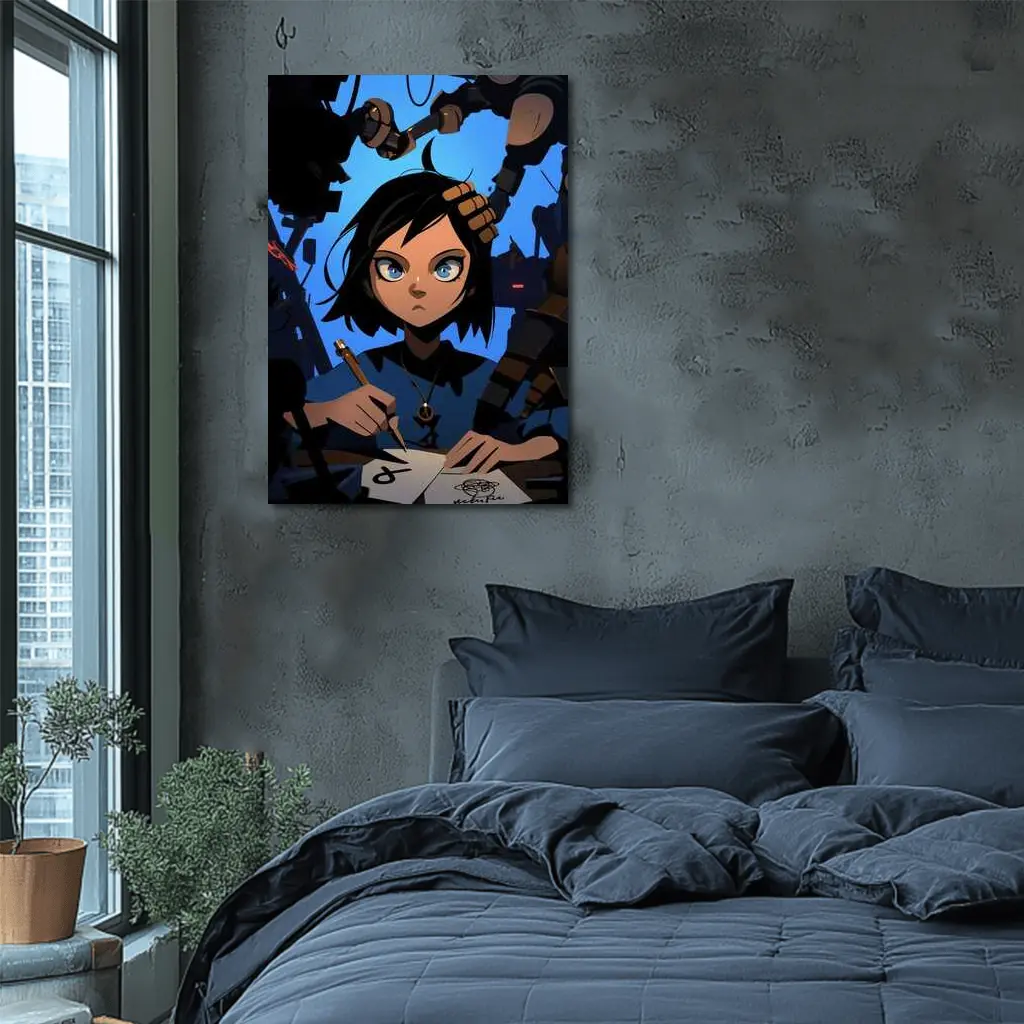 Anime Girl Writing Surrounded By Dark Robots – Wall Art