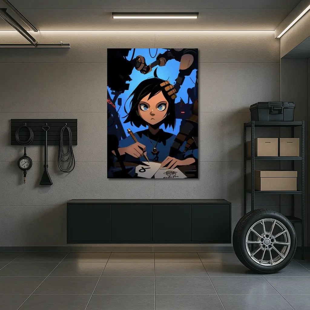 Anime Girl Writing Surrounded By Dark Robots – Wall Art