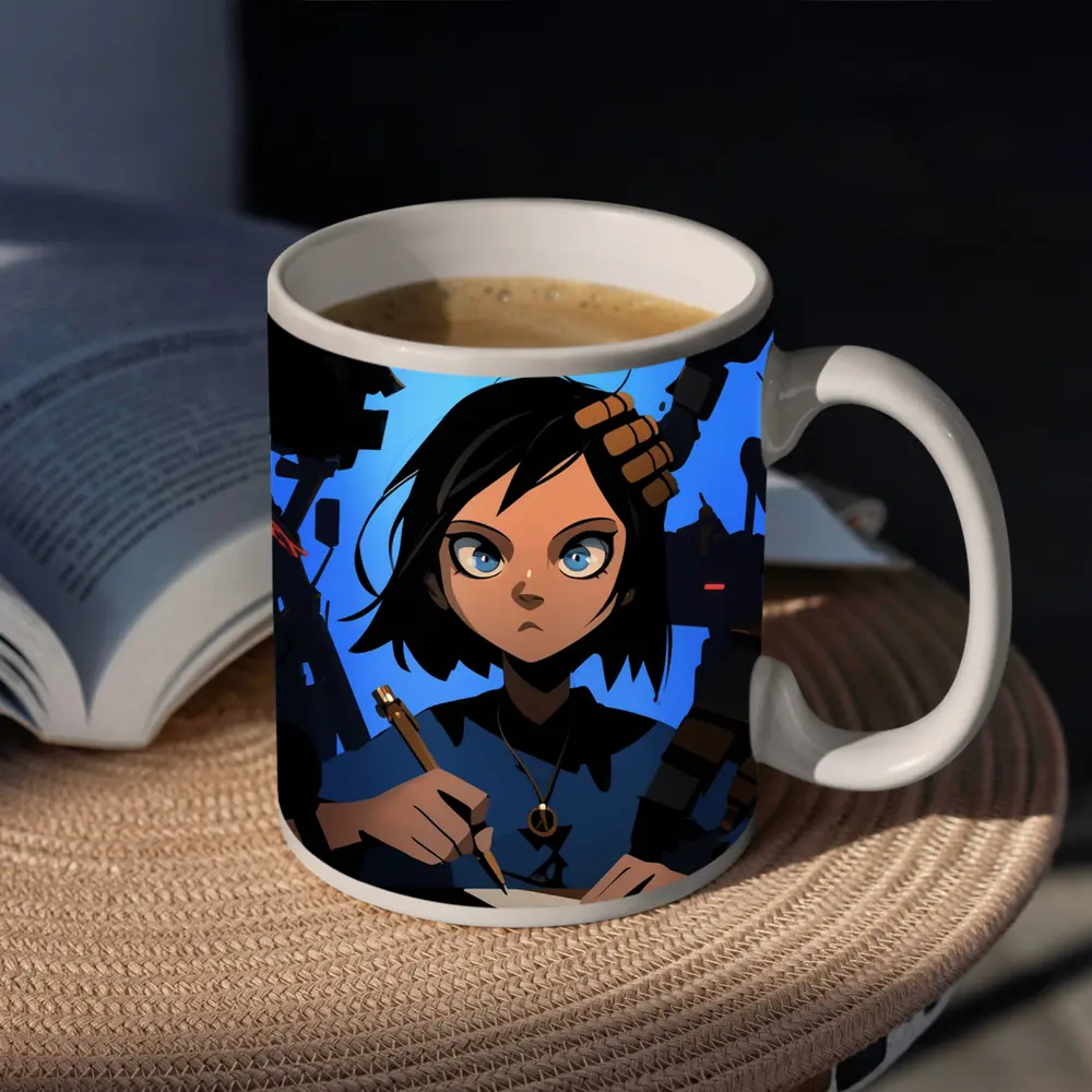 Anime Girl Writing Surrounded By Dark Robots – Mugs