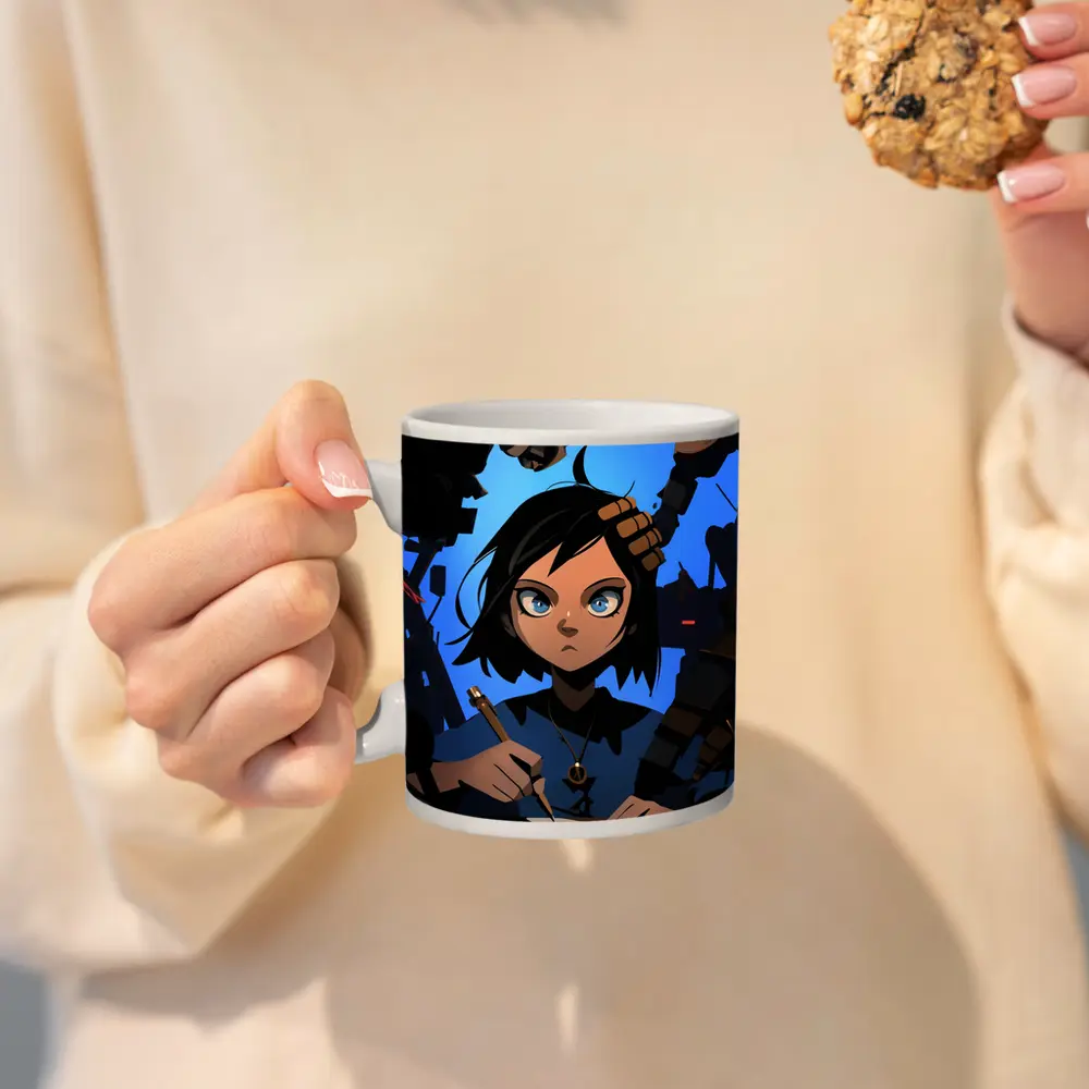 Anime Girl Writing Surrounded By Dark Robots – Mugs