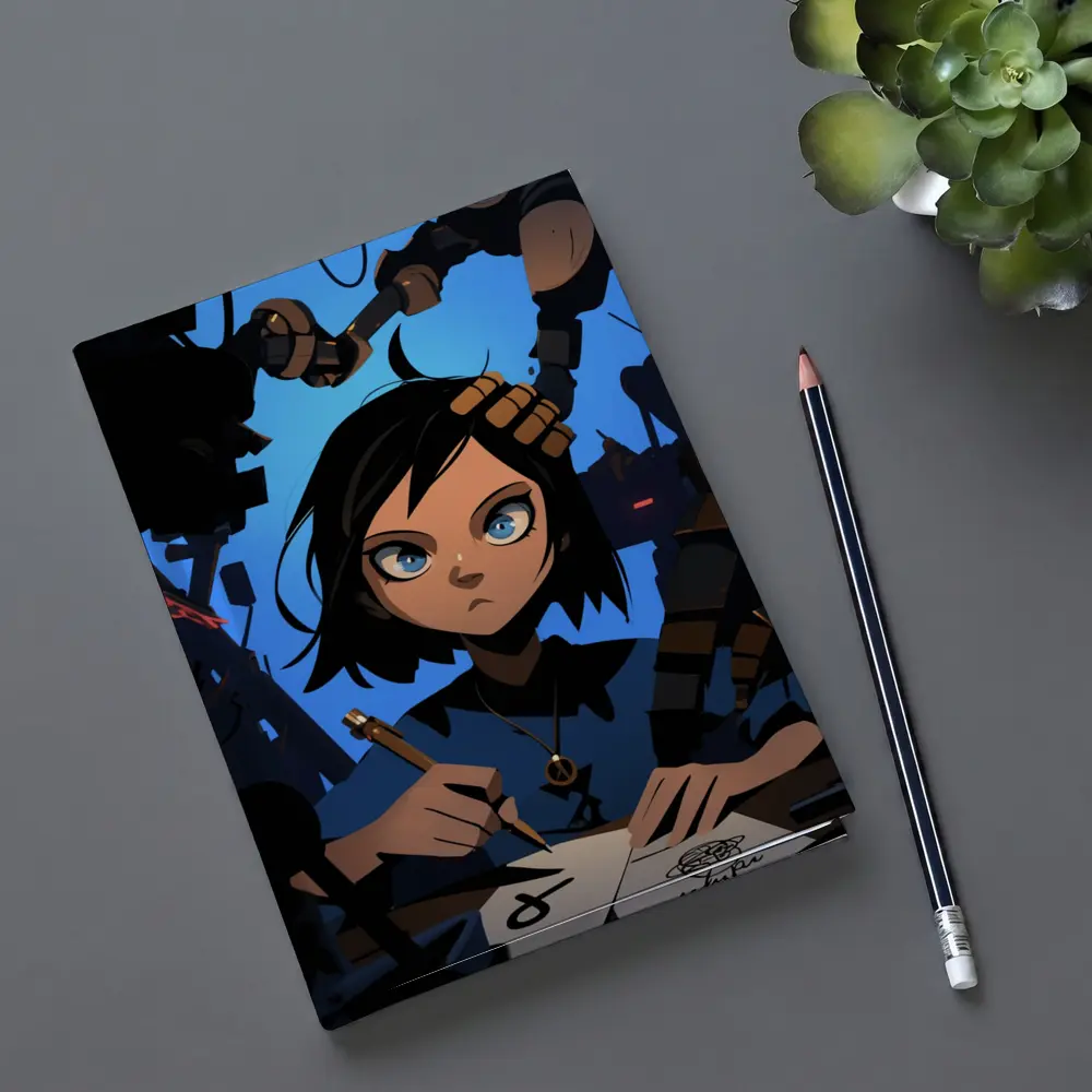 Anime Girl Writing Surrounded By Dark Robots – Notebooks