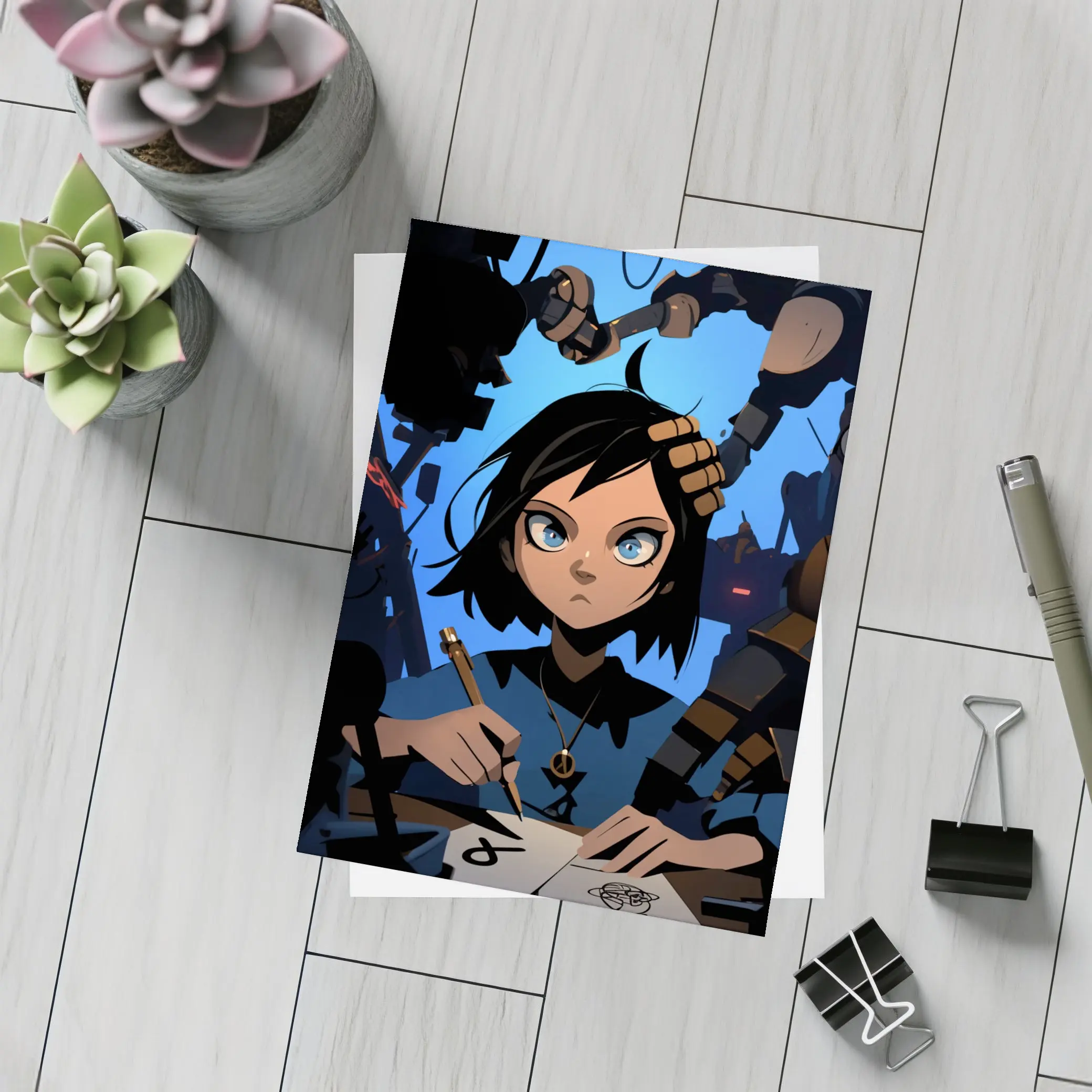 Anime Girl Writing Surrounded By Dark Robots – Postcards