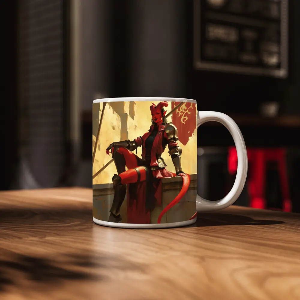Red Devil Knight Woman Fantasy Art – Mugs