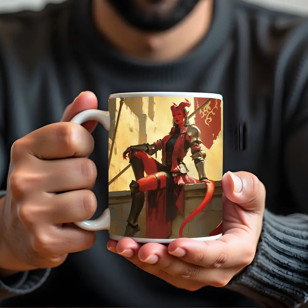 Red Devil Knight Woman Fantasy Art – Mugs