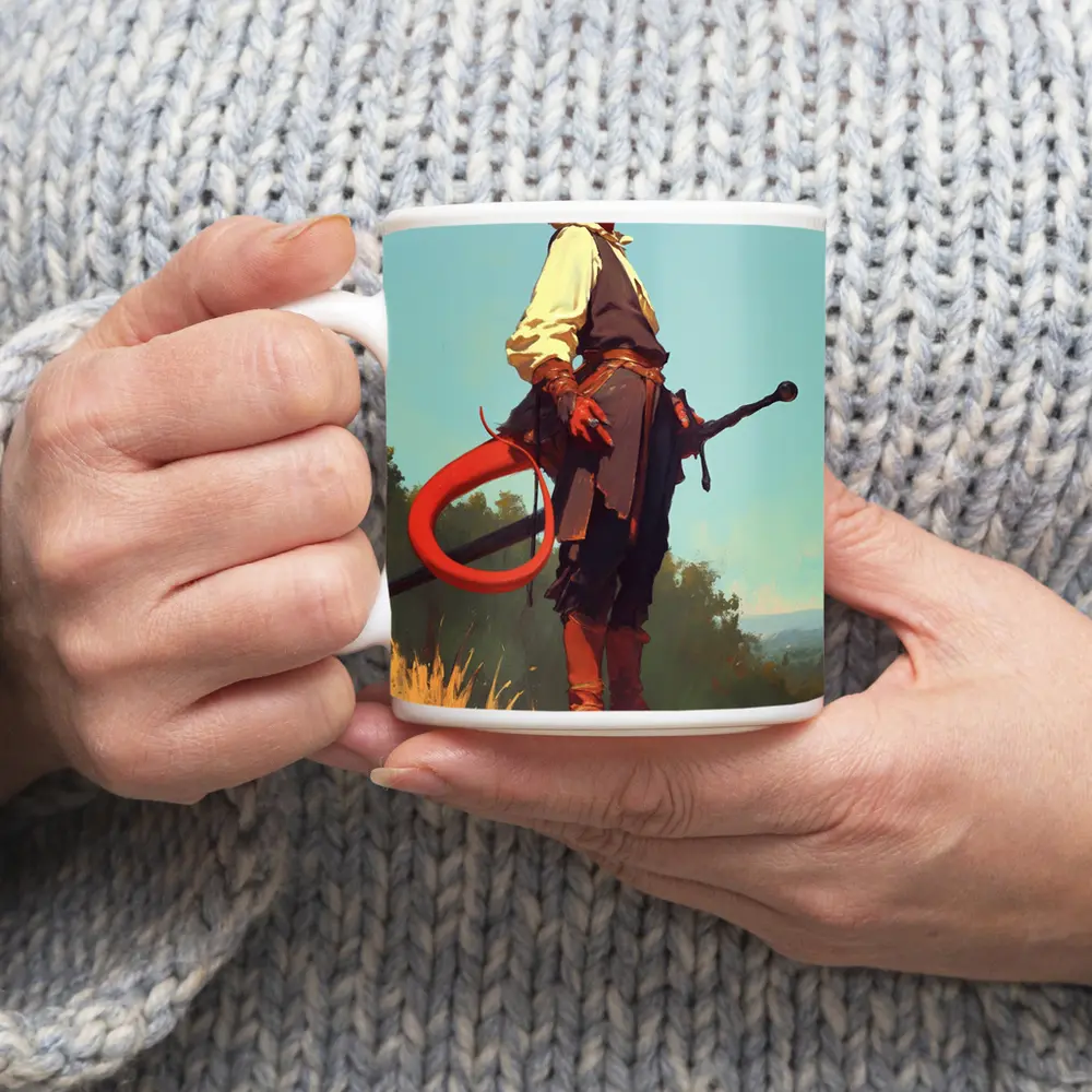 Red Demon Warrior Standing on Hilltop – Mugs
