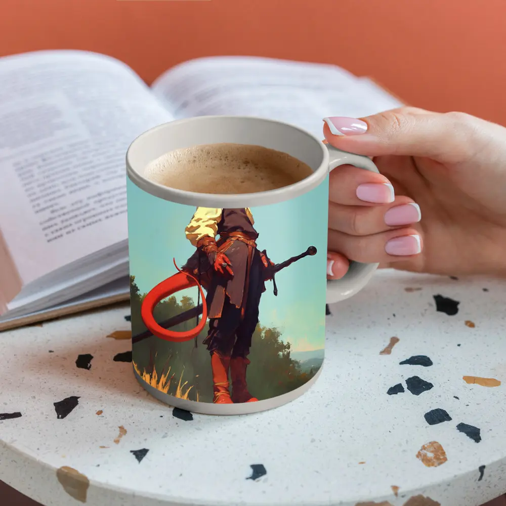 Red Demon Warrior Standing on Hilltop – Mugs