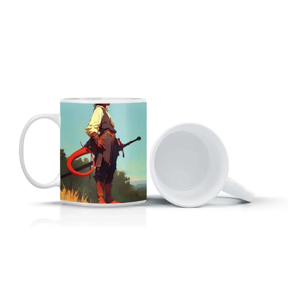 Red Demon Warrior Standing on Hilltop – Mugs