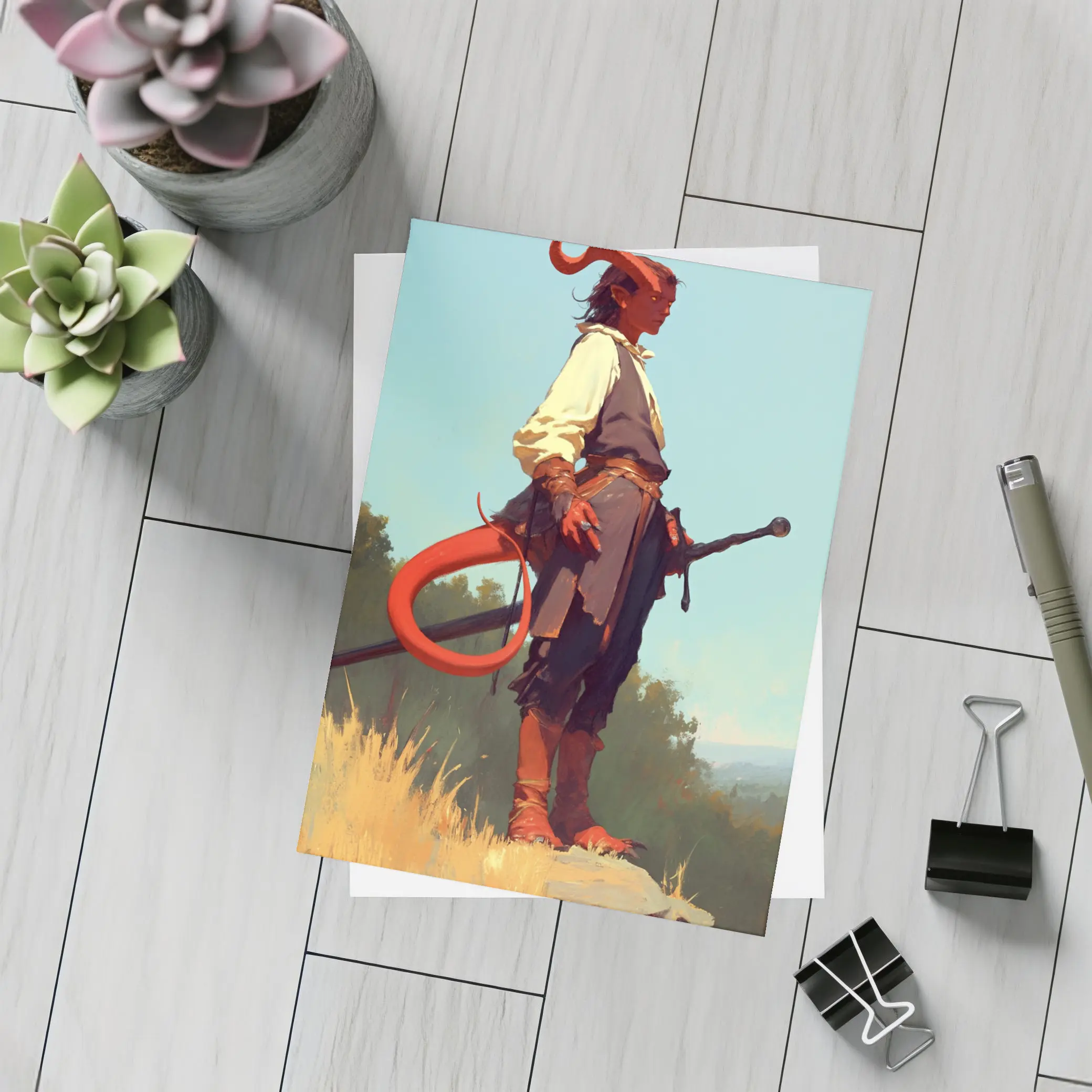 Red Demon Warrior Standing on Hilltop – Postcards