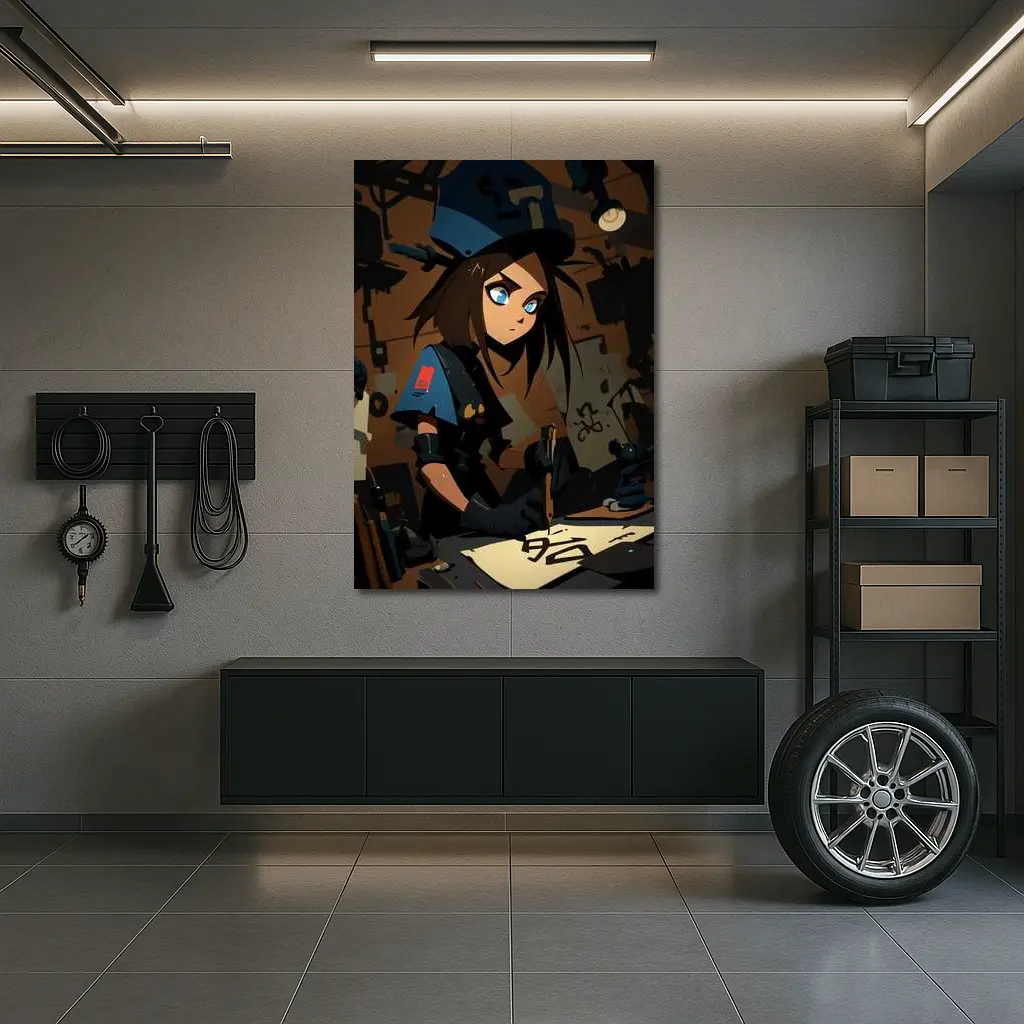 Anime Girl Writing Dark Workshop Scene – Wall Art