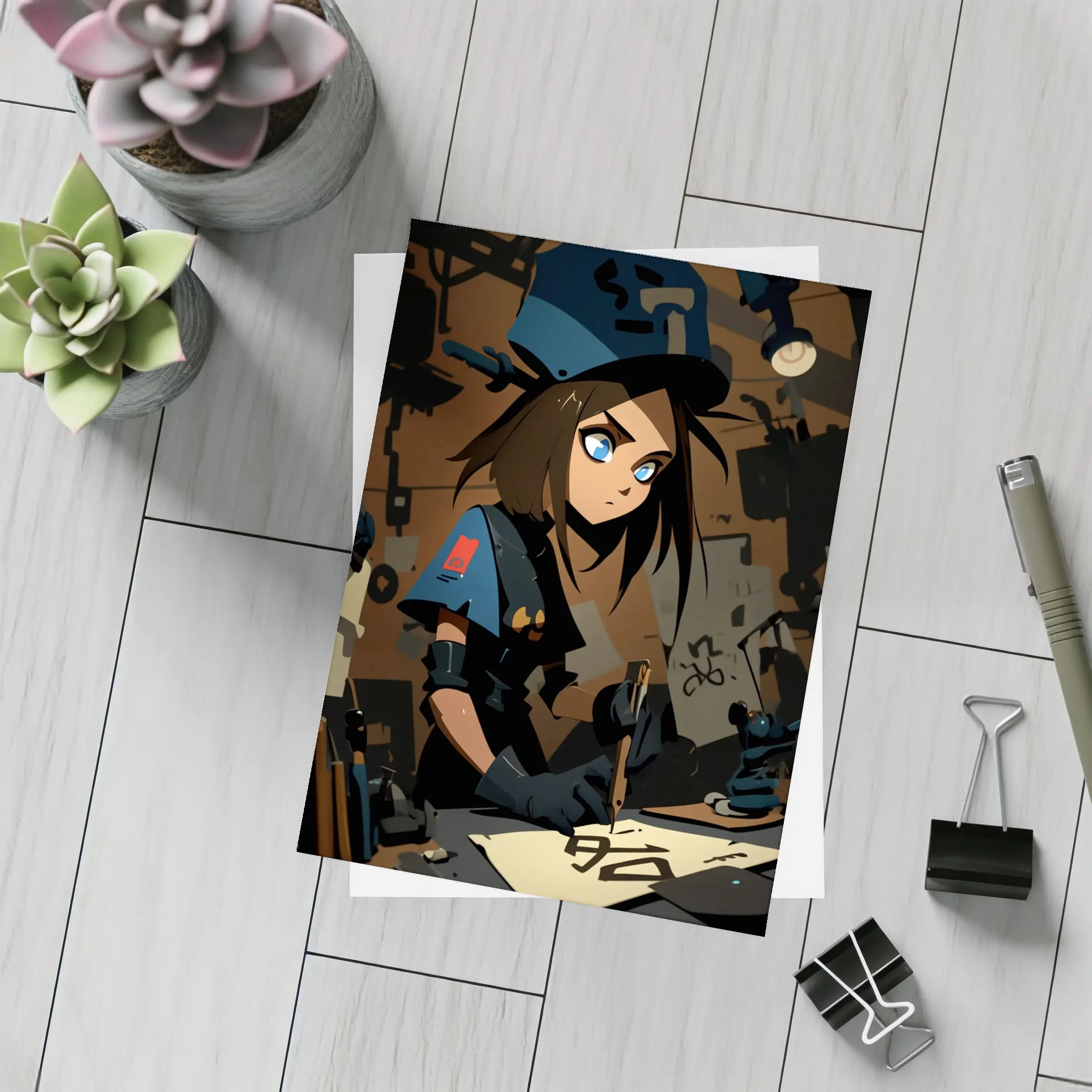 Anime Girl Writing Dark Workshop Scene – Postcards