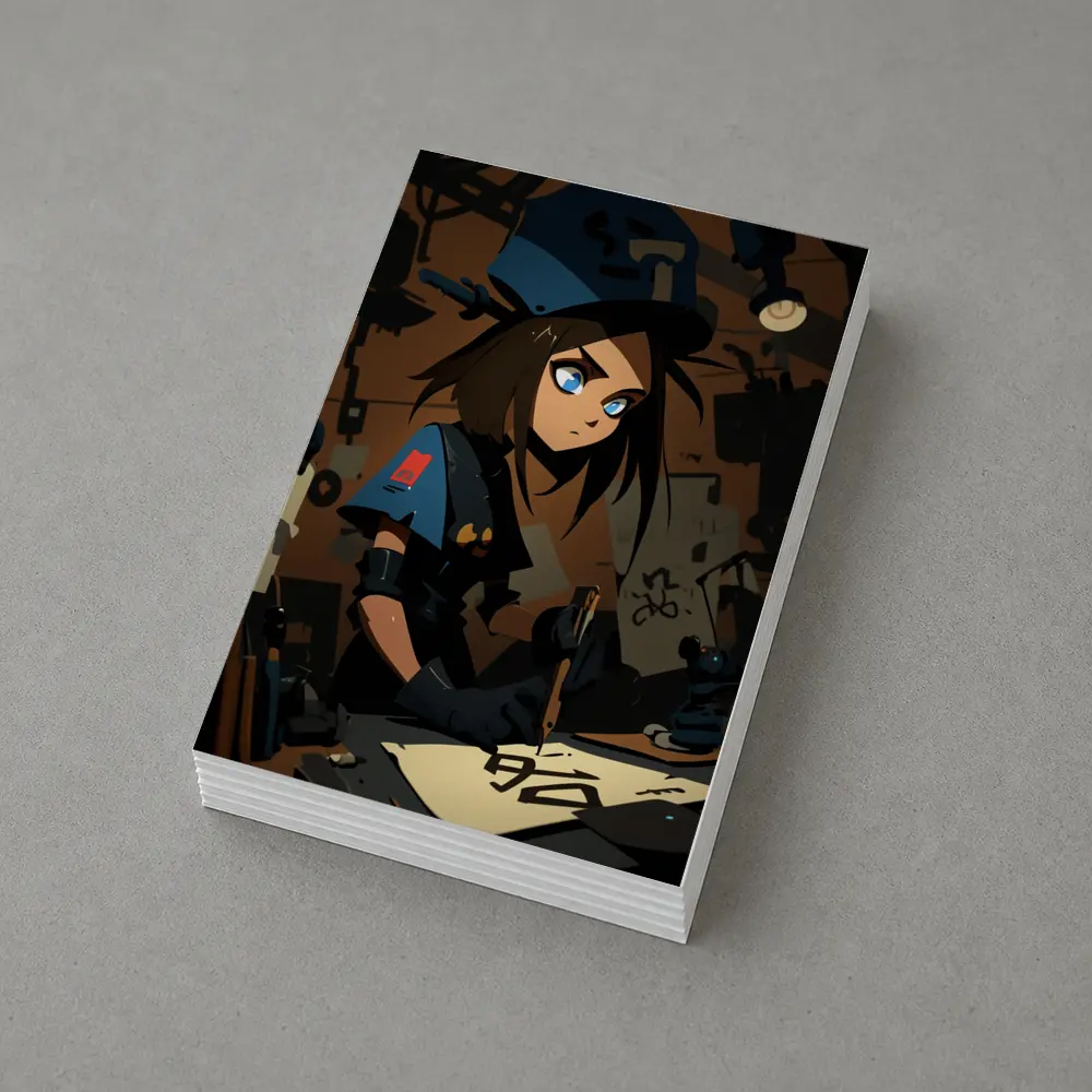 Anime Girl Writing Dark Workshop Scene – Postcards