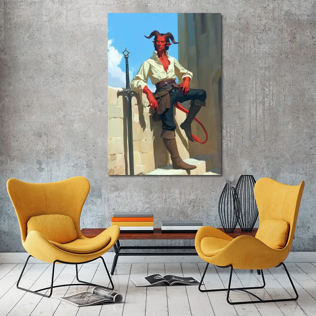 Red Tiefling Warrior Leaning Against Stone Wall – Wall Art