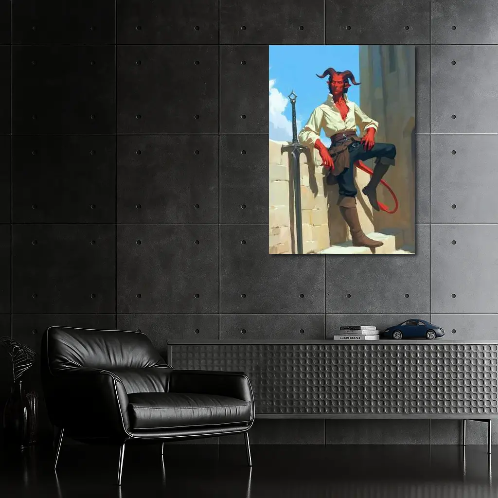 Red Tiefling Warrior Leaning Against Stone Wall – Wall Art