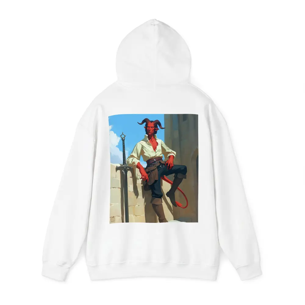 Red Tiefling Warrior Leaning Against Stone Wall – Hoodies