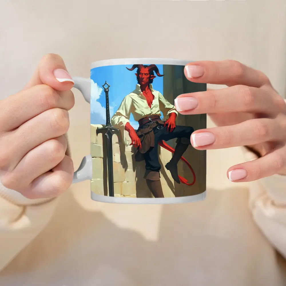 Red Tiefling Warrior Leaning Against Stone Wall – Mugs