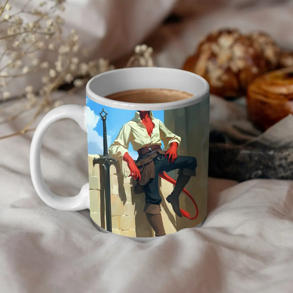 Red Tiefling Warrior Leaning Against Stone Wall – Mugs