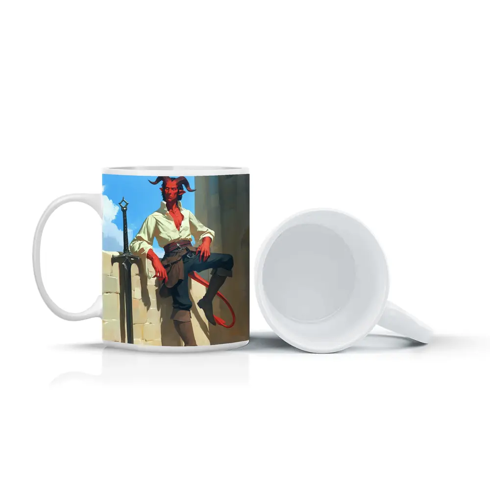 Red Tiefling Warrior Leaning Against Stone Wall – Mugs