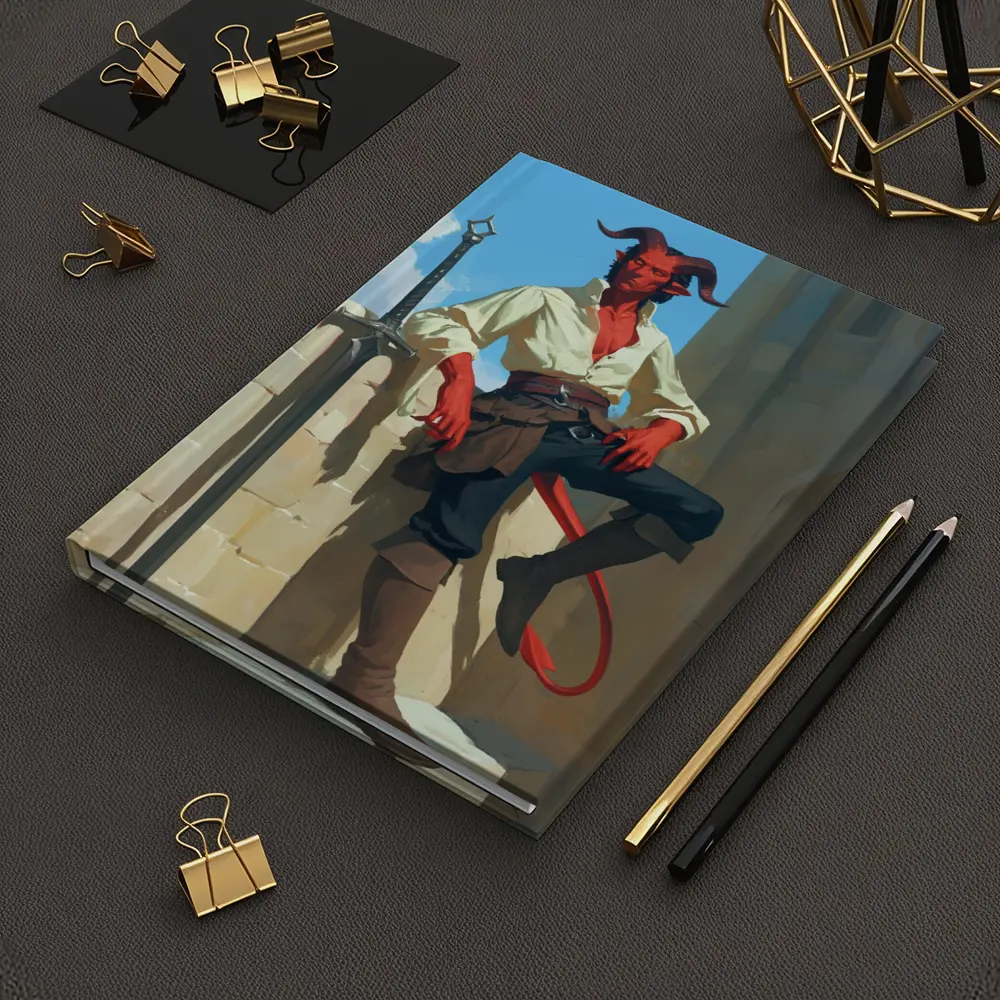 Red Tiefling Warrior Leaning Against Stone Wall – Notebooks