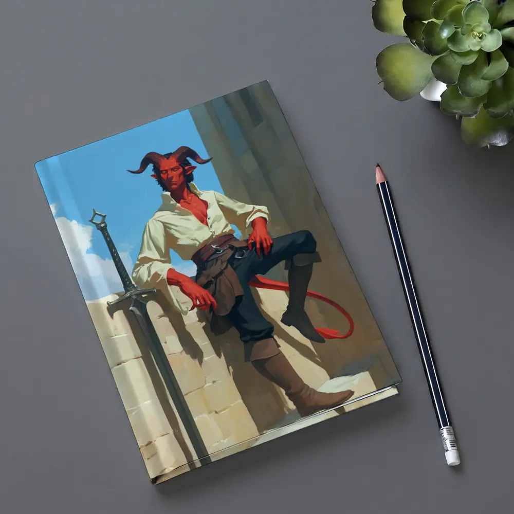Red Tiefling Warrior Leaning Against Stone Wall – Notebooks