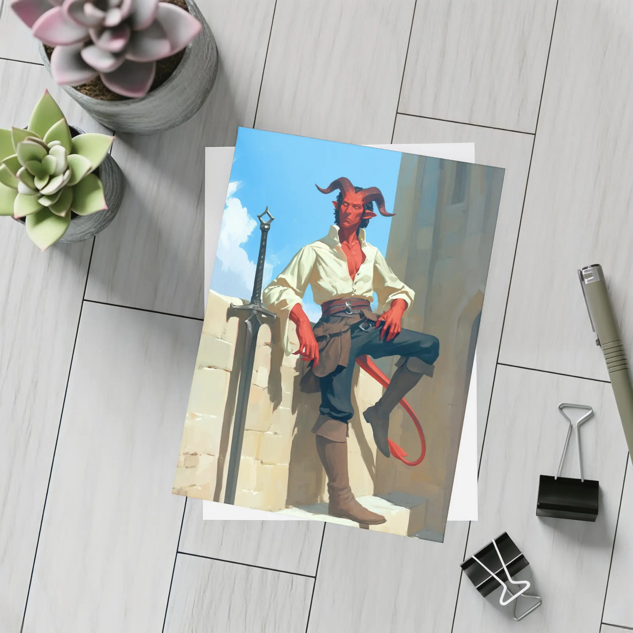 Red Tiefling Warrior Leaning Against Stone Wall – Postcards