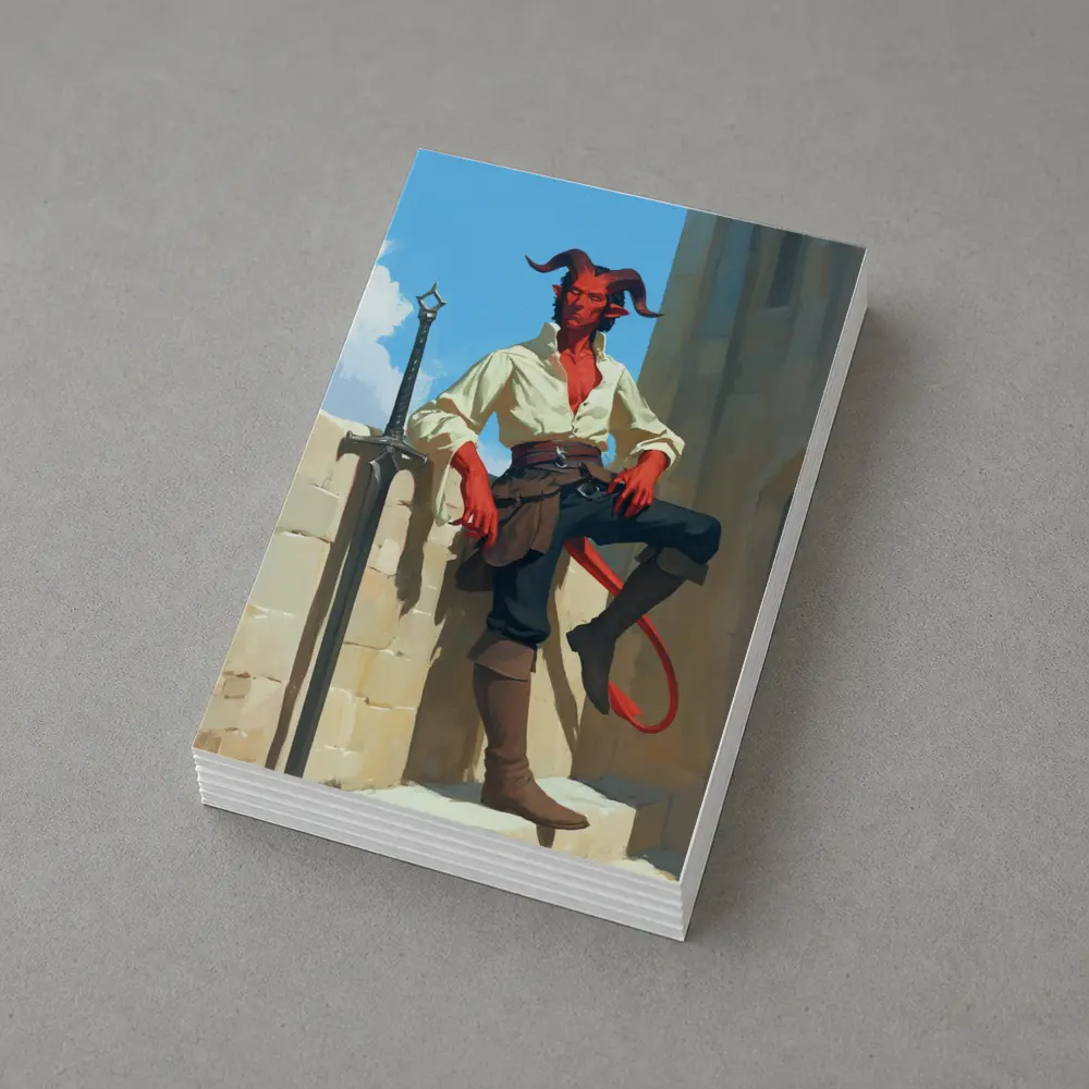 Red Tiefling Warrior Leaning Against Stone Wall – Postcards