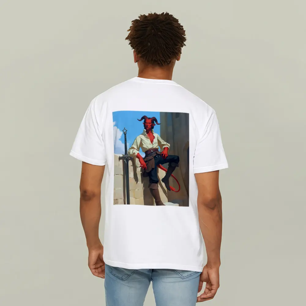 Red Tiefling Warrior Leaning Against Stone Wall – T-Shirts