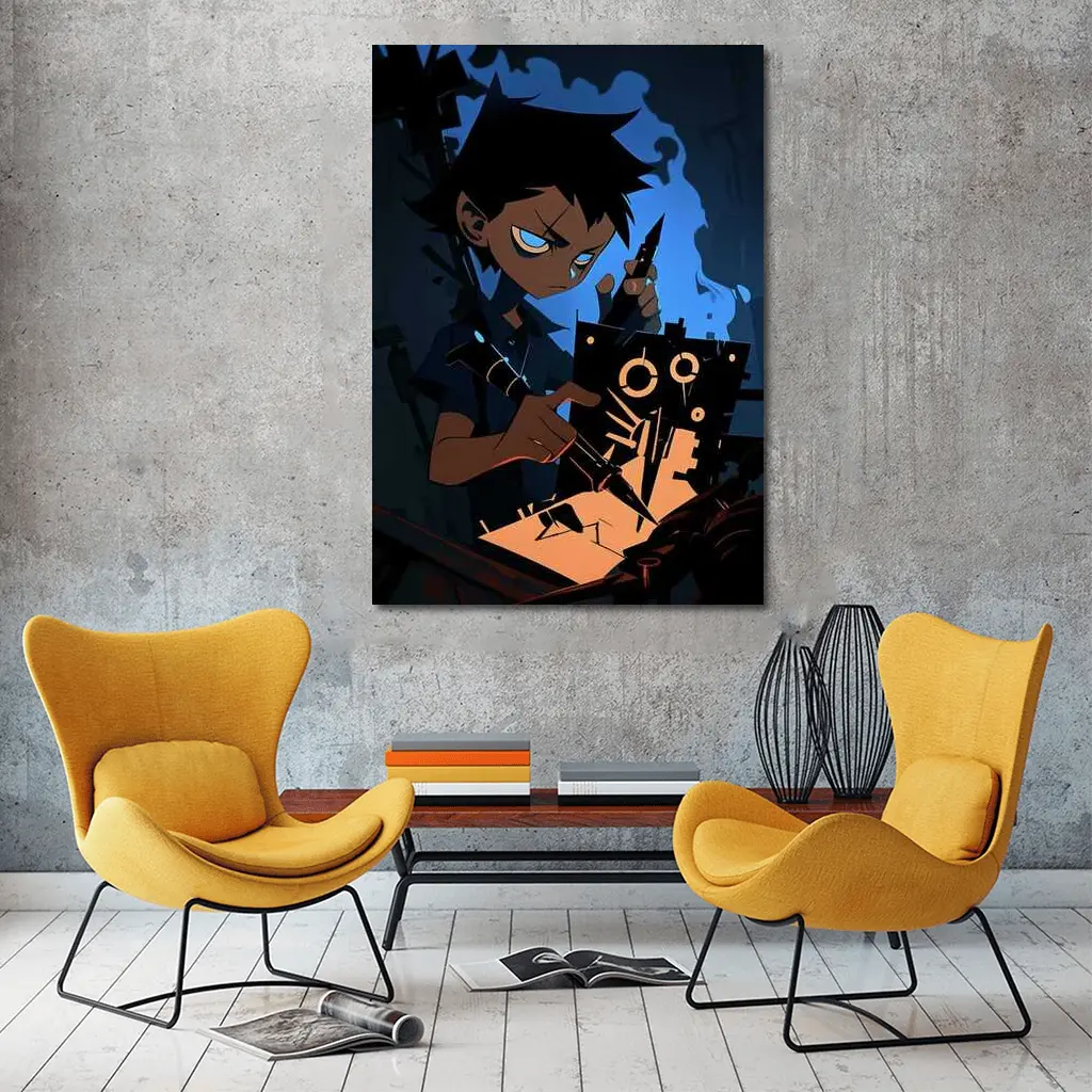 Anime Boy Building Robot Dark Blue – Wall Art
