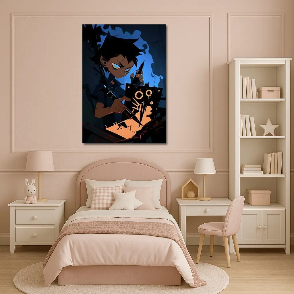 Anime Boy Building Robot Dark Blue – Wall Art