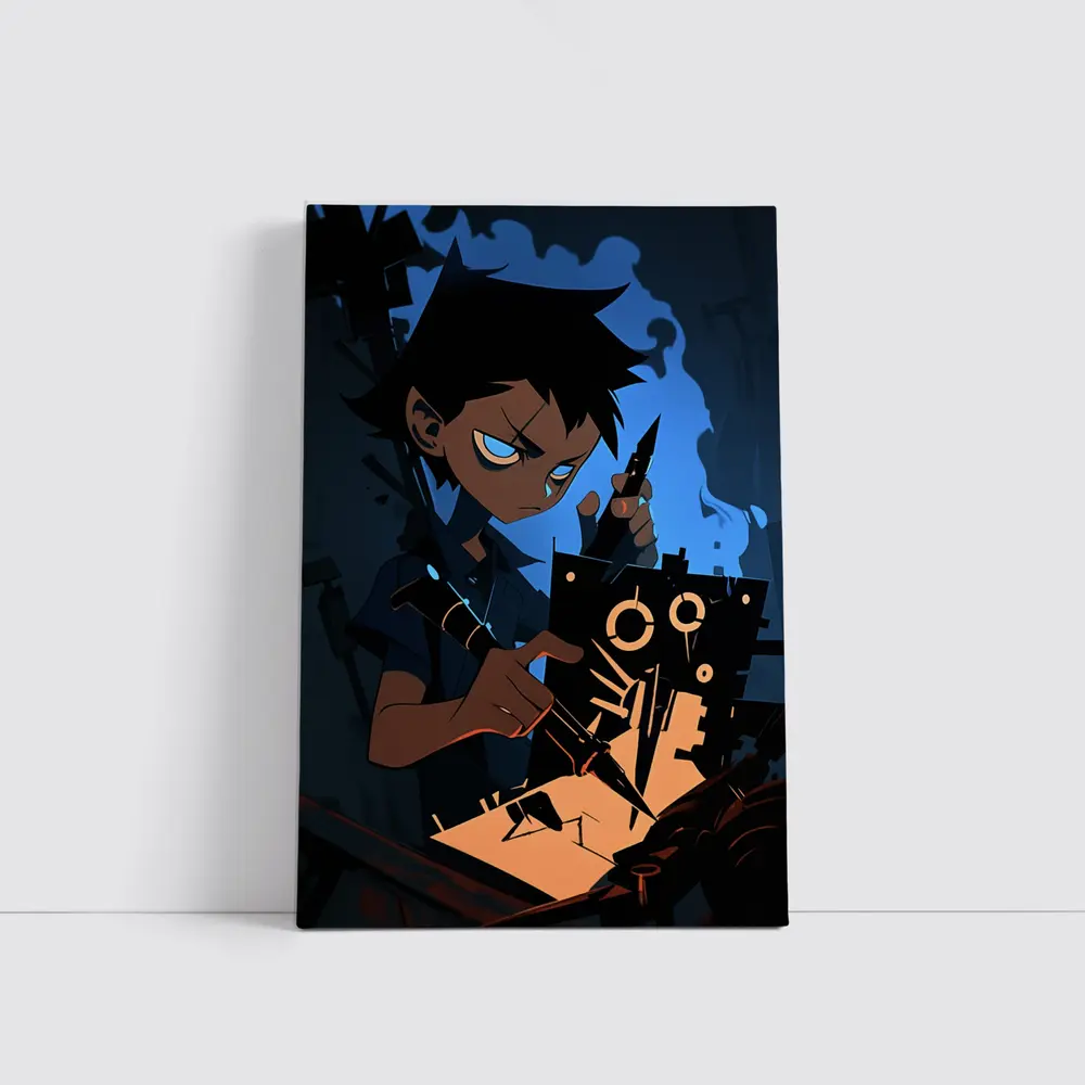 Anime Boy Building Robot Dark Blue – Wall Art