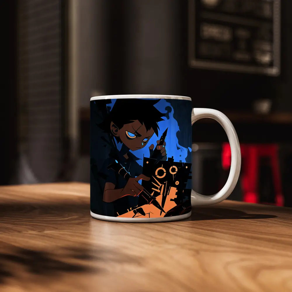 Anime Boy Building Robot Dark Blue – Mugs
