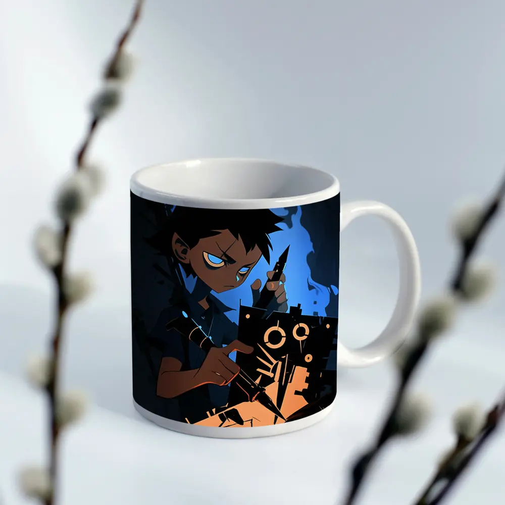 Anime Boy Building Robot Dark Blue – Mugs