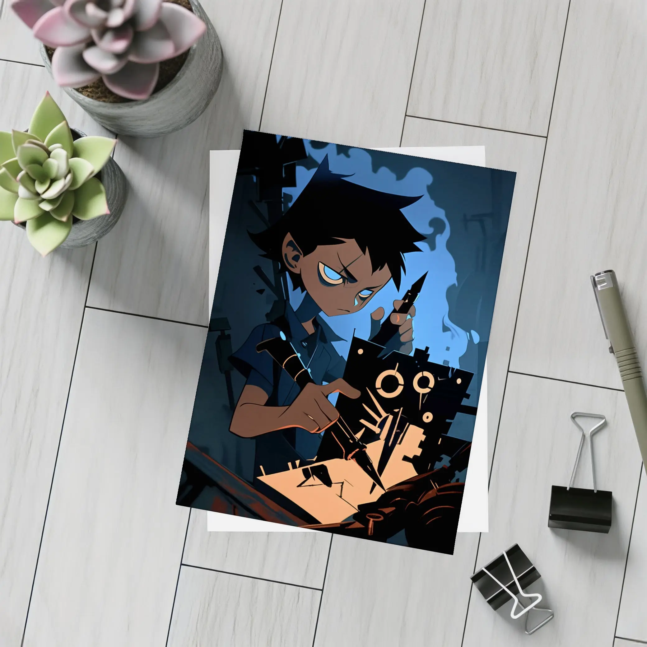 Anime Boy Building Robot Dark Blue – Postcards