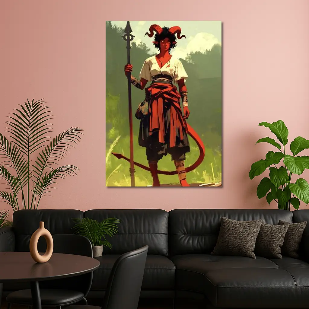 Horned Warrior Girl with Spear Green Forest – Wall Art