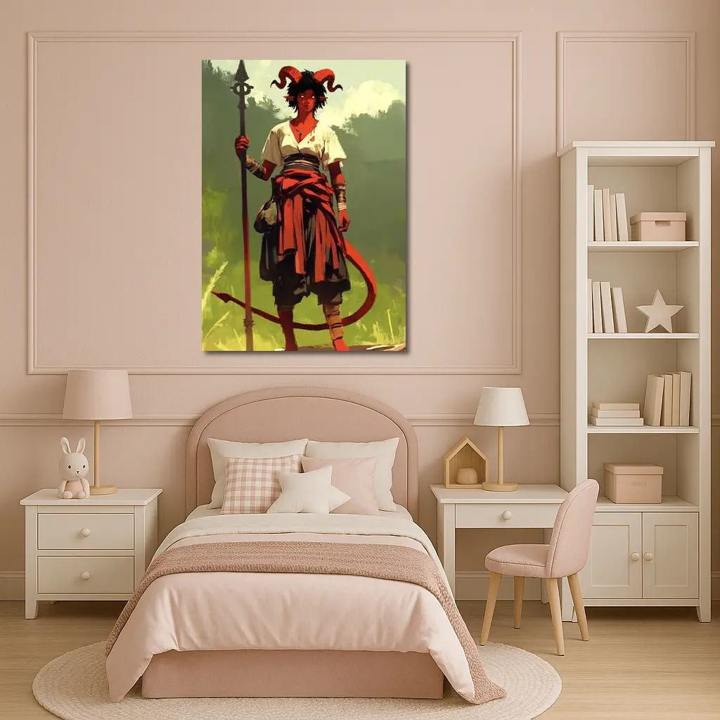 Horned Warrior Girl with Spear Green Forest – Wall Art