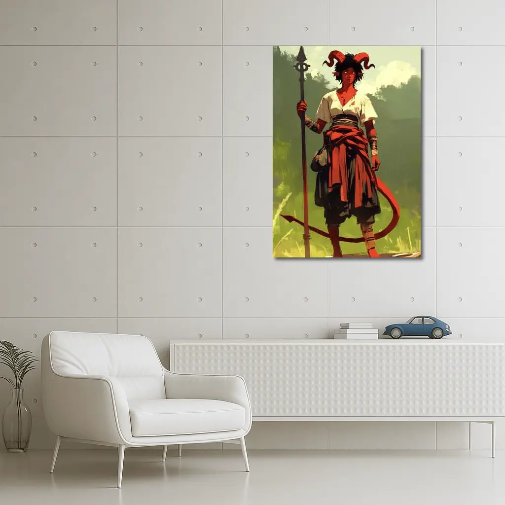 Horned Warrior Girl with Spear Green Forest – Wall Art