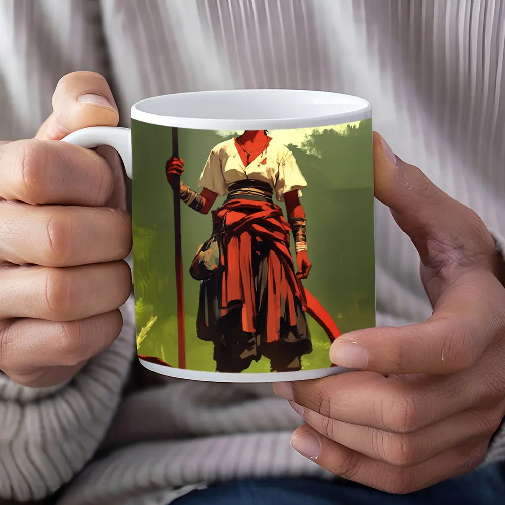 Horned Warrior Girl with Spear Green Forest – Mugs