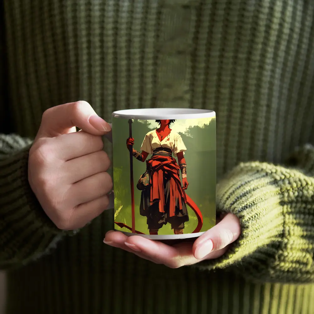Horned Warrior Girl with Spear Green Forest – Mugs