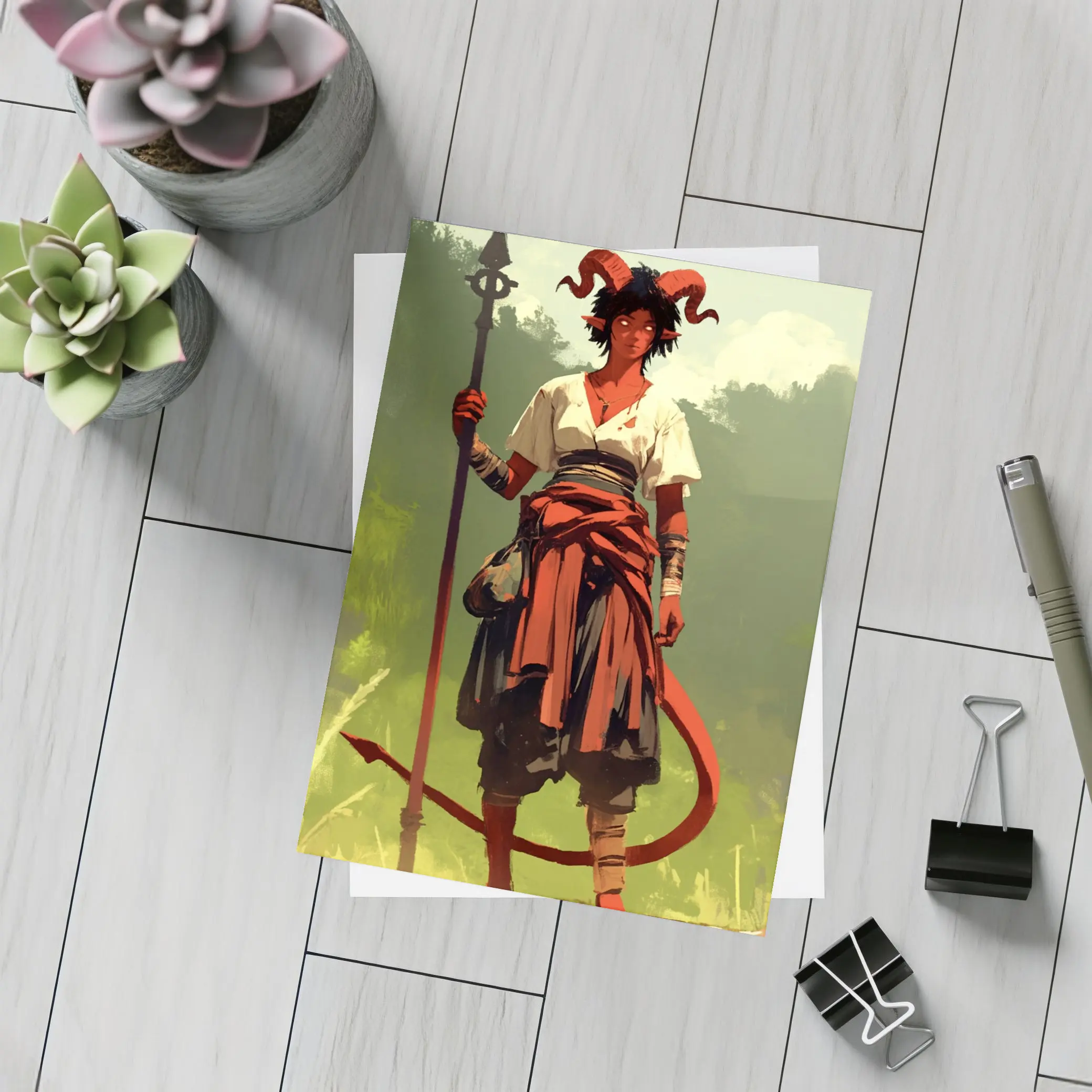 Horned Warrior Girl with Spear Green Forest – Postcards