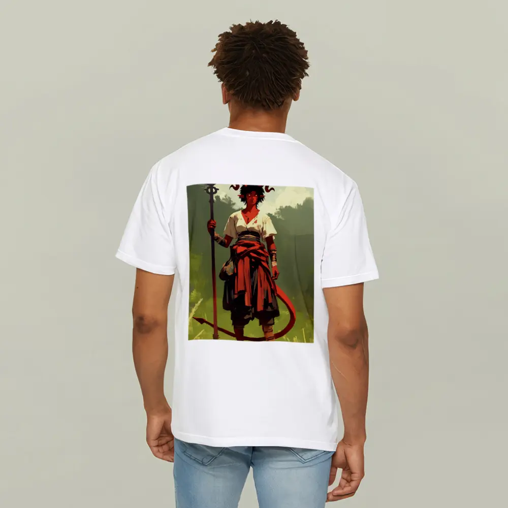 Horned Warrior Girl with Spear Green Forest – T-Shirts