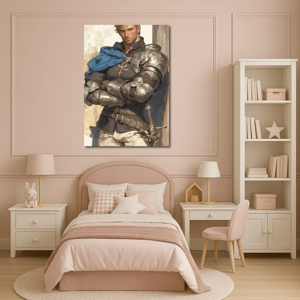 Medieval Knight Silver Armor Blue Cape Fantasy – Wall Art