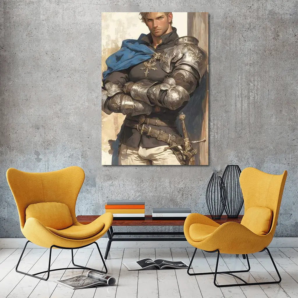 Medieval Knight Silver Armor Blue Cape Fantasy – Wall Art