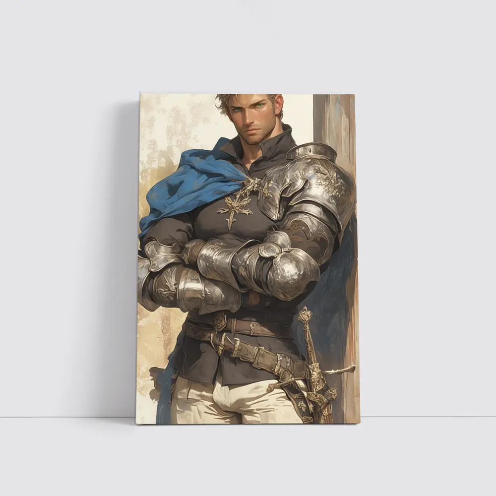 Medieval Knight Silver Armor Blue Cape Fantasy – Wall Art