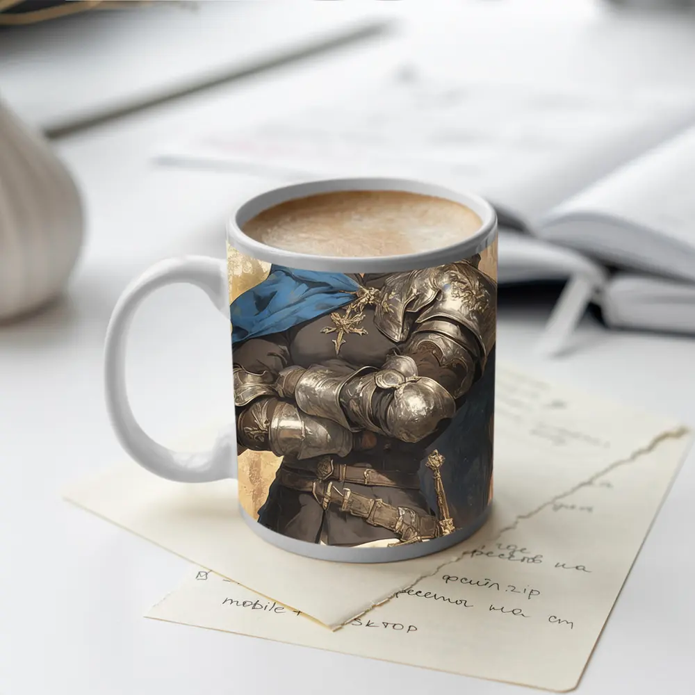 Medieval Knight Silver Armor Blue Cape Fantasy – Mugs