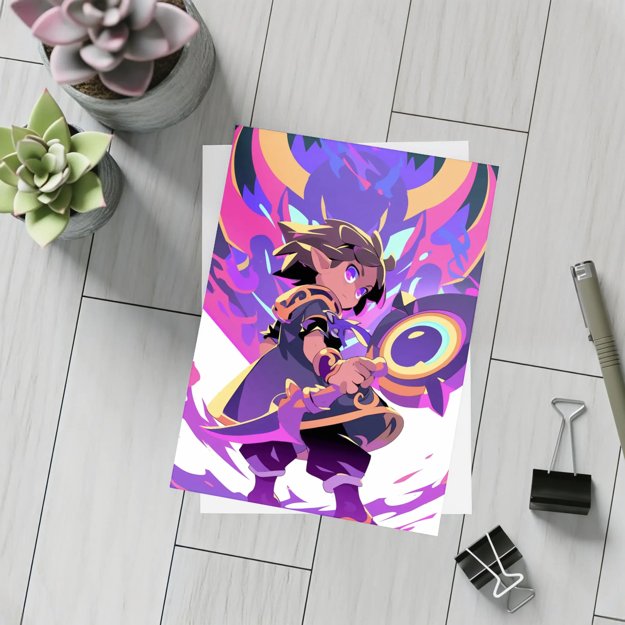 Anime Mage Child With Magic Staff Purple – Postcards