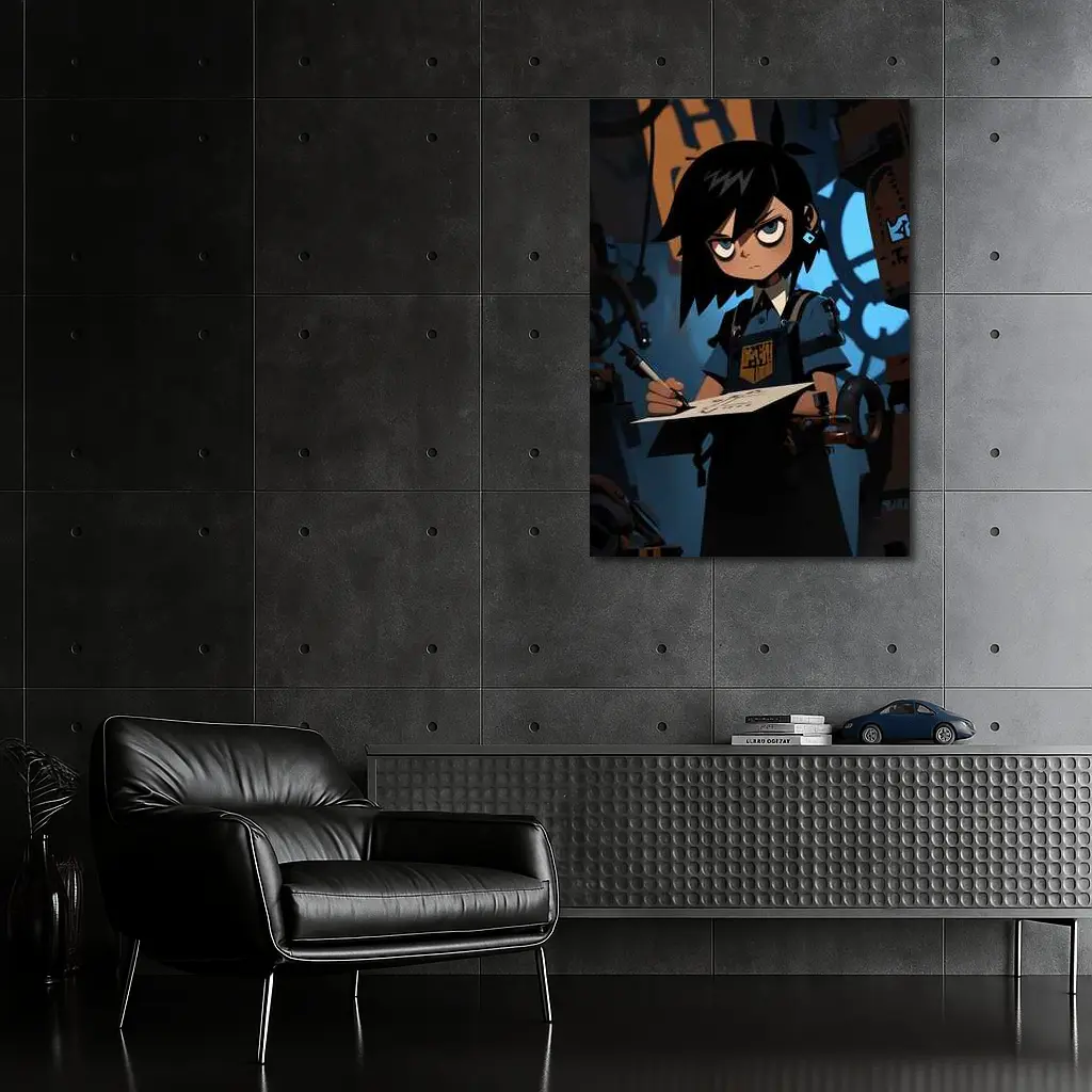 Anime Girl Writing In Dark Steampunk Workshop – Wall Art